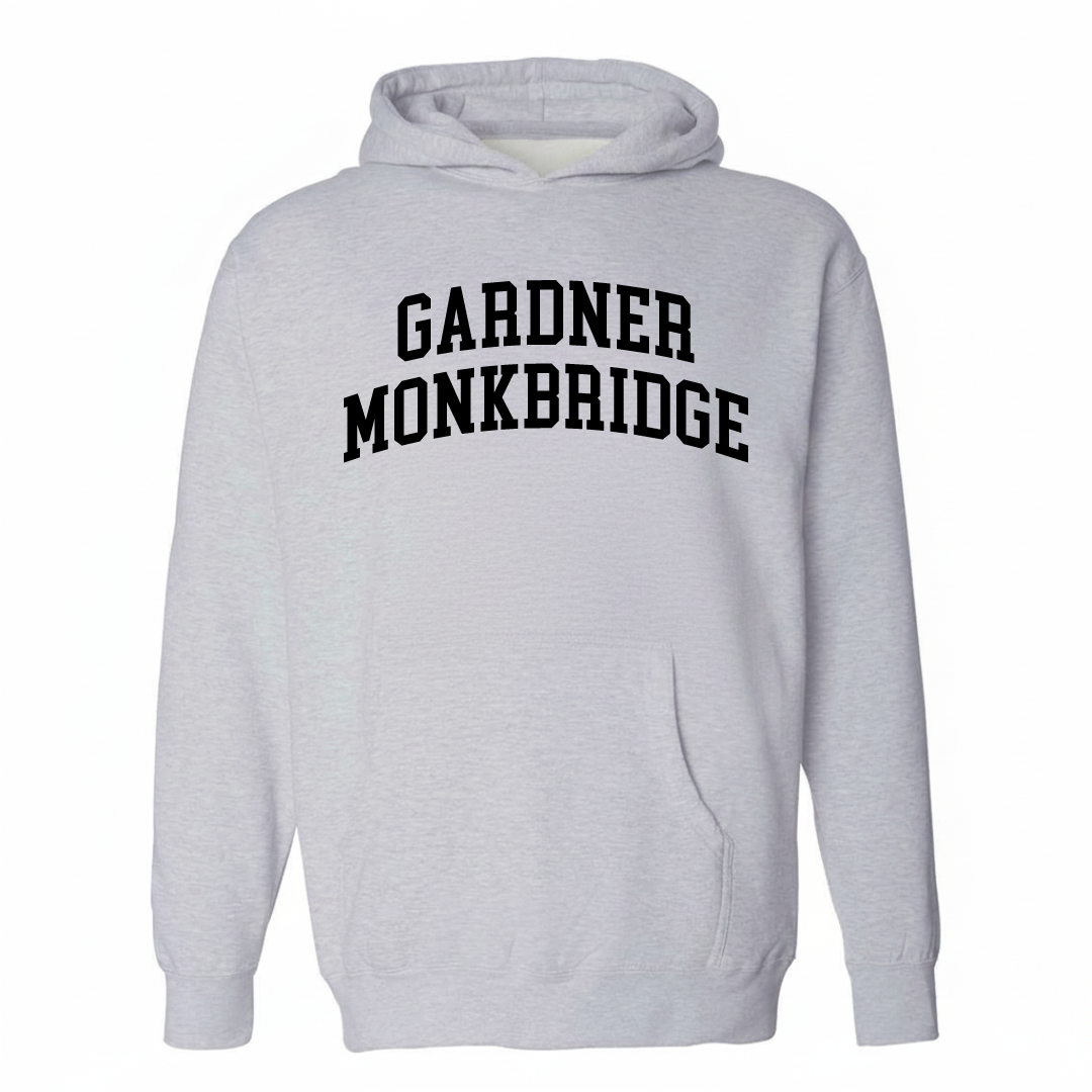 Heather-gray hoodie with the Gardner & Monkbridge arched lettering design on the chest.