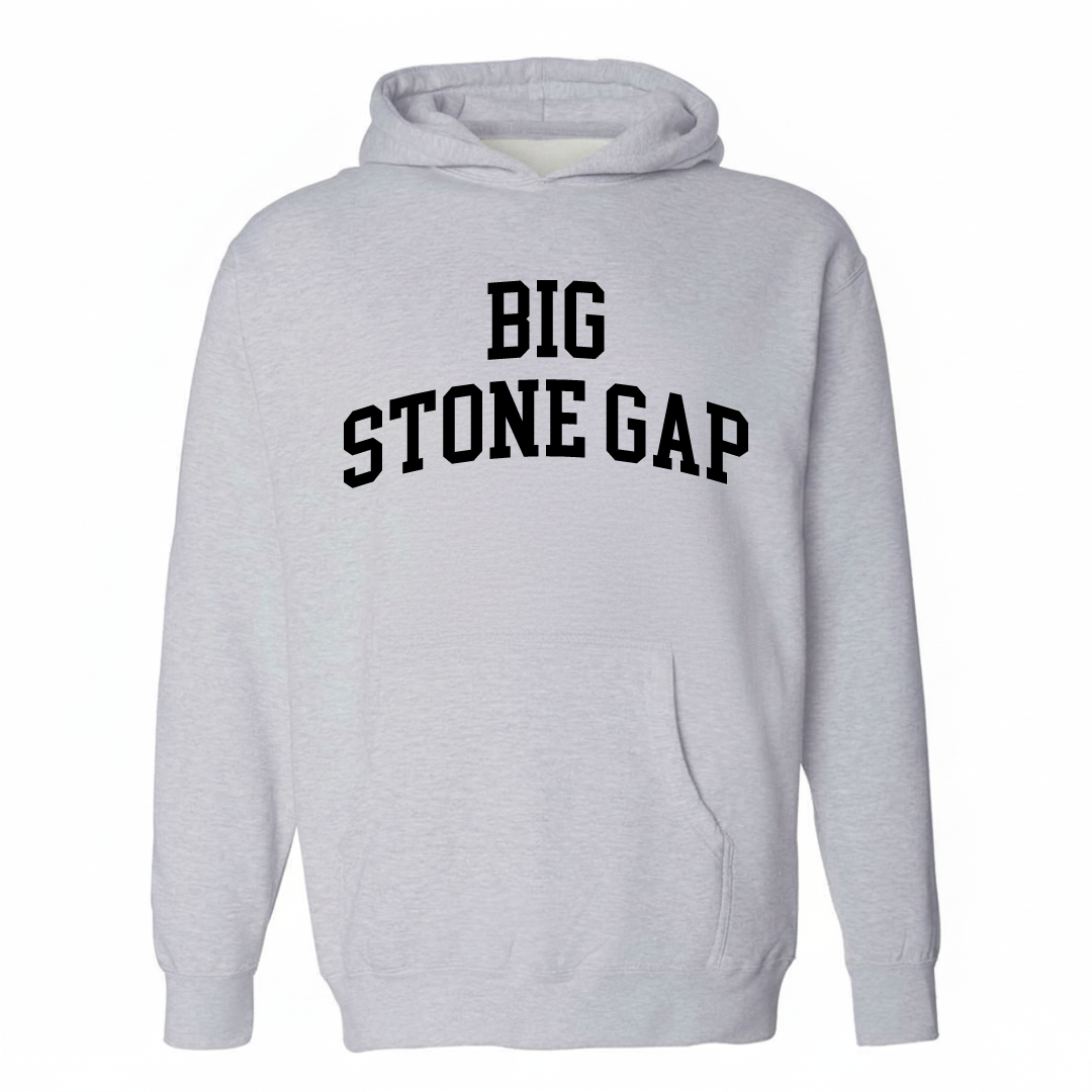 Heather-gray hoodie with the Big Stone Gap varsity arched lettering design on the chest.