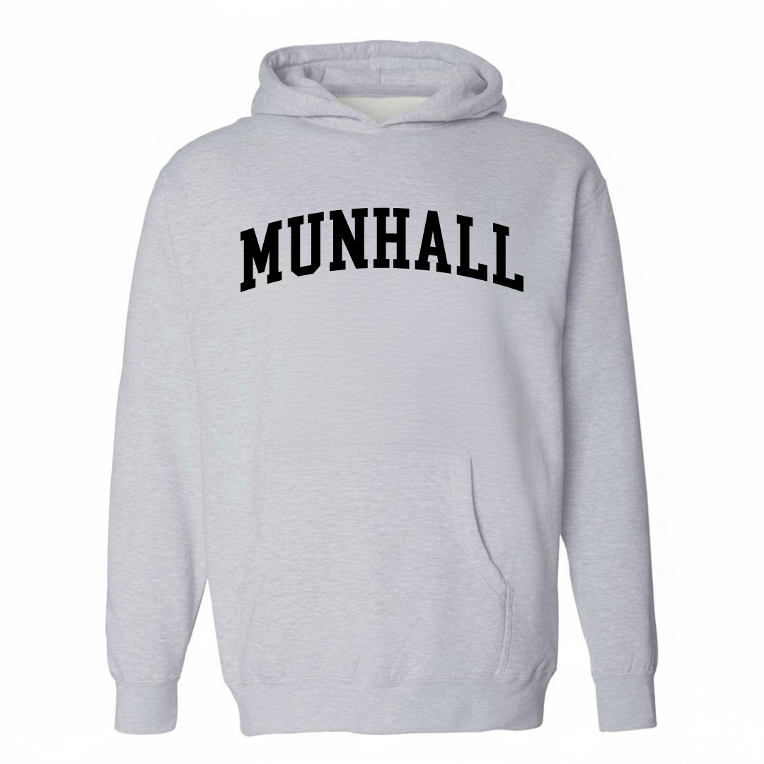 Heather-gray hoodie with the Munhall varsity arched lettering design on the chest.