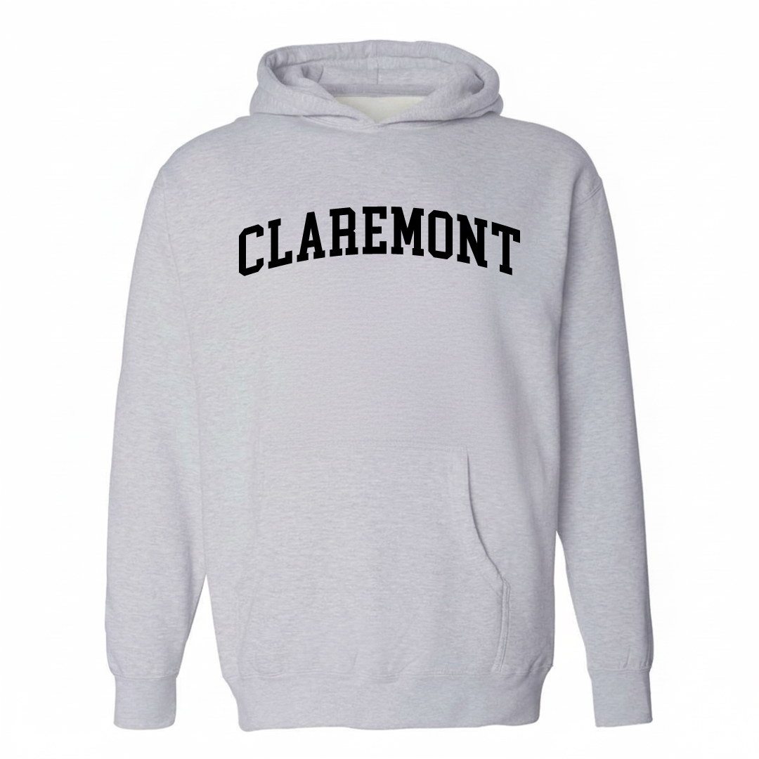Heather-gray hoodie with the Claremont varsity arched lettering design on the chest.