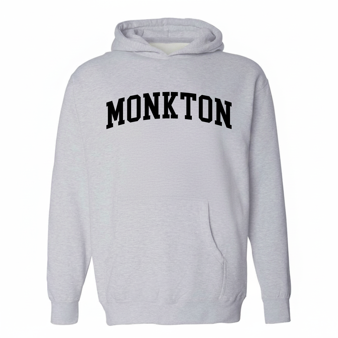 Heather-gray hoodie with the Monkton varsity arched lettering design on the chest.