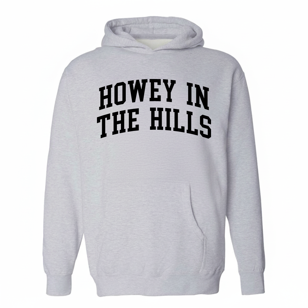 Heather-gray hoodie with the Howey-in-the-Hills varsity arched lettering design on the chest.