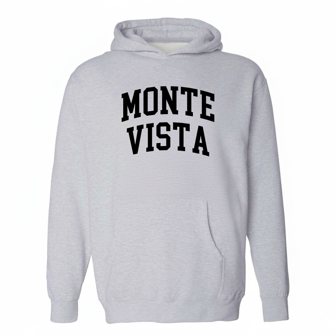 Heather-gray hoodie with the Monte Vista arched varsity lettering design on the chest.