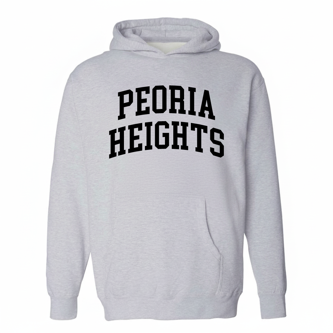 Heather-gray hoodie with the Peoria Heights arched lettering design on the chest.