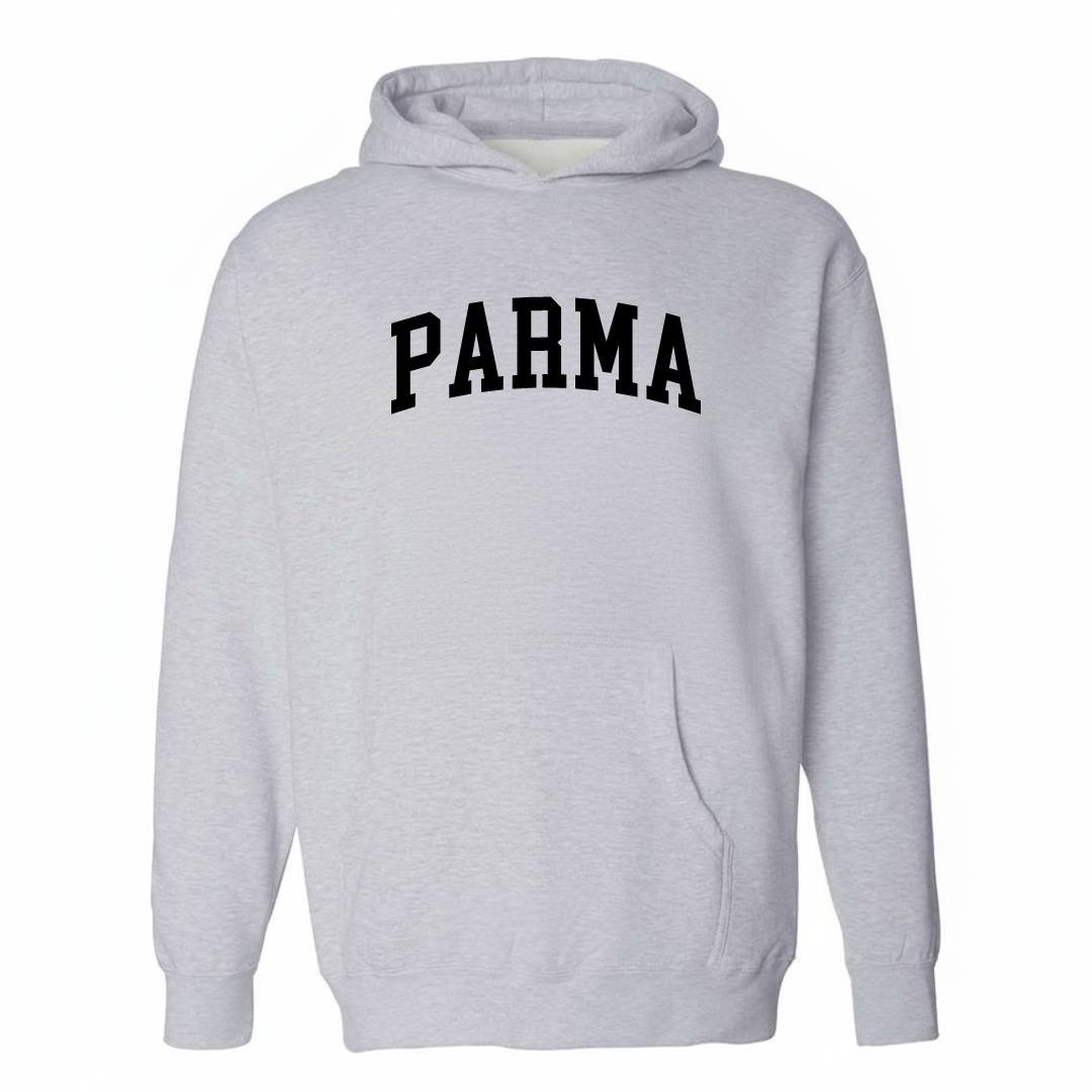 Heather-gray hoodie with the Parma varsity arched lettering design on the chest.