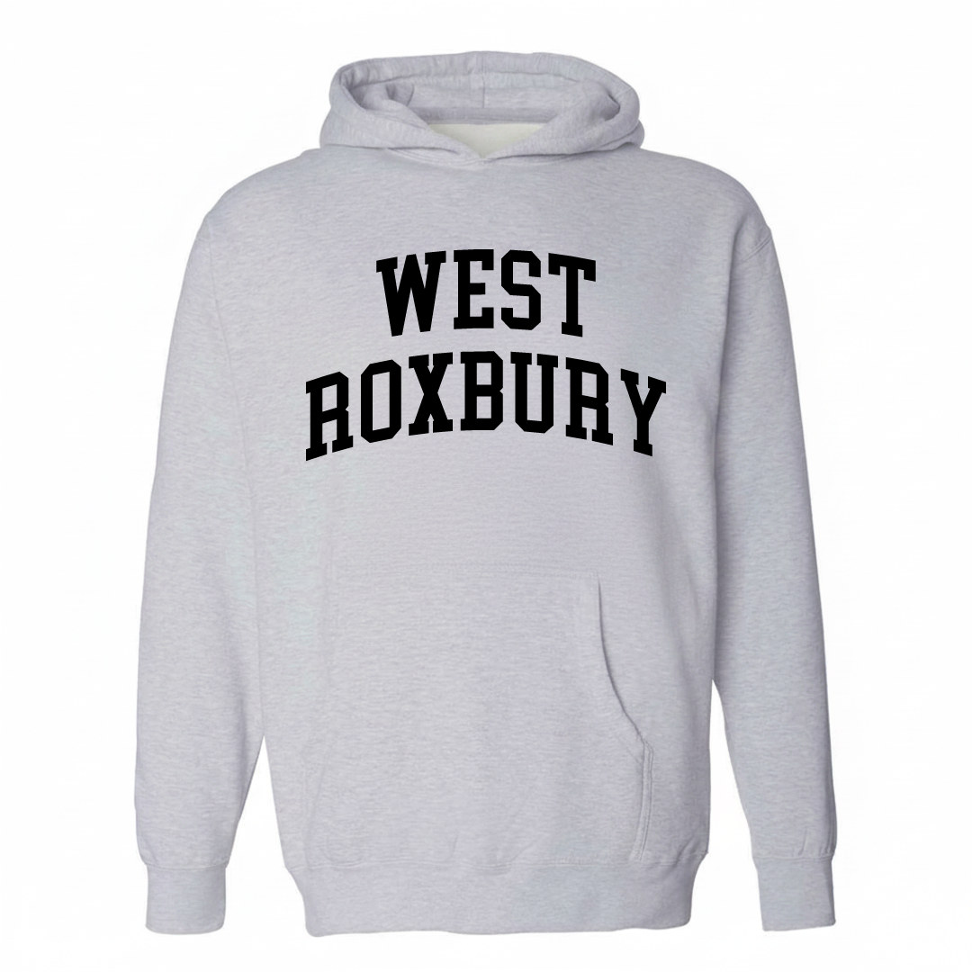 Heather-gray hoodie with the West Roxbury varsity arched lettering design on the chest.