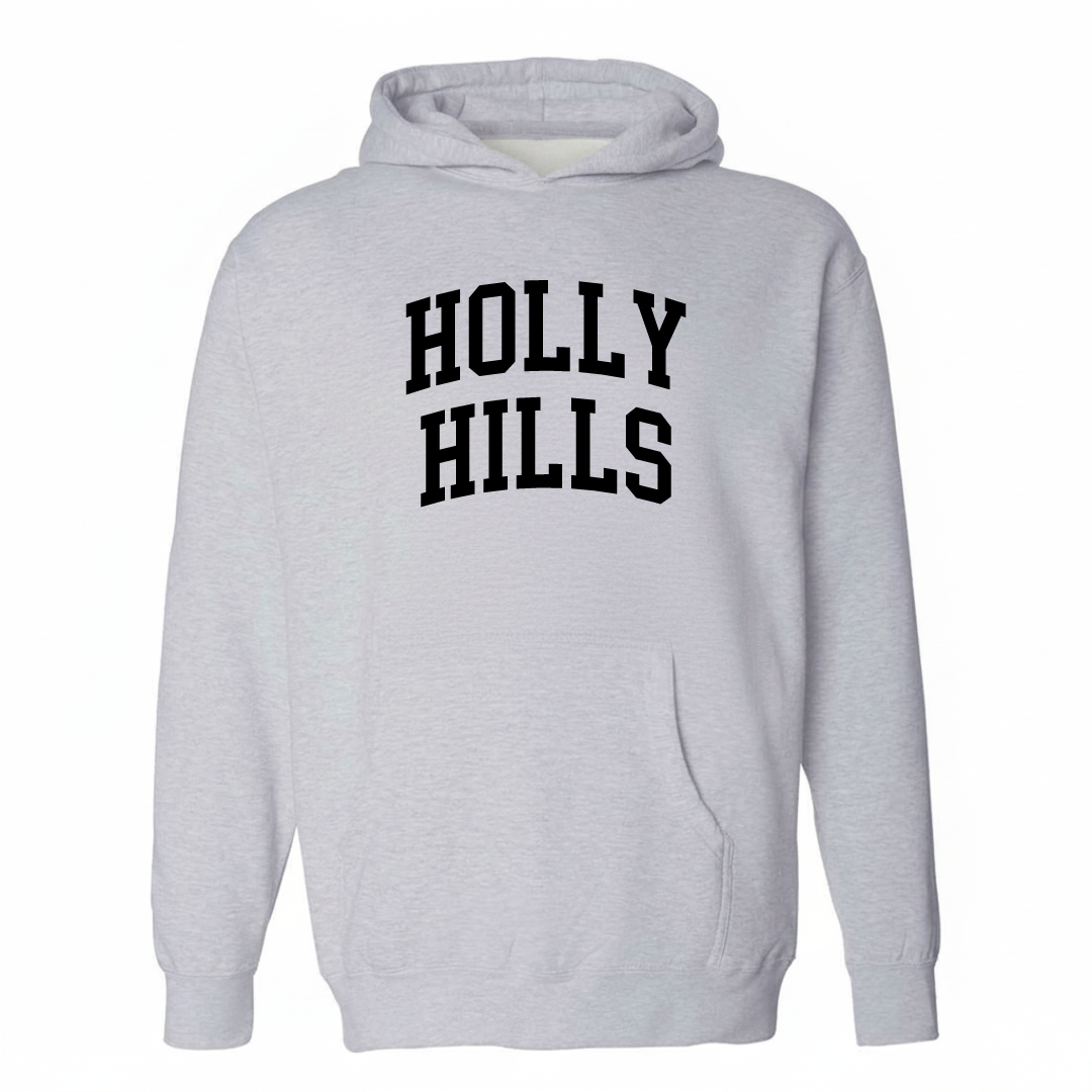 Heather-gray hoodie with the Holly Hills arched lettering varsity-collegiate design on the chest.