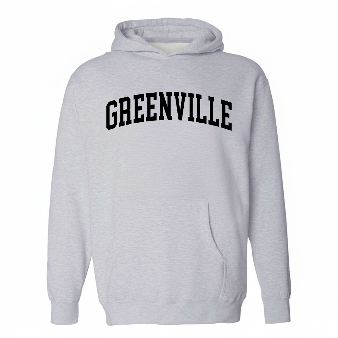 Heather-gray hoodie with the Greenville varsity arched lettering design on the chest.