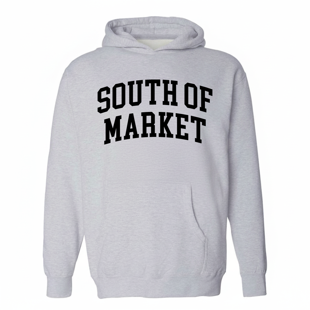 Heather-gray hoodie with the South of Market varsity arched lettering design on the chest.