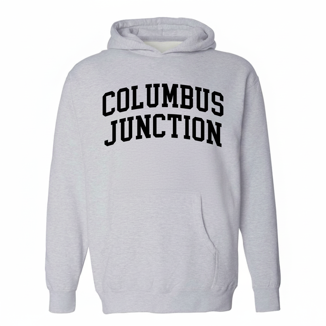 Heather-gray hoodie with the Columbus Junction varsity arched lettering design on the chest.