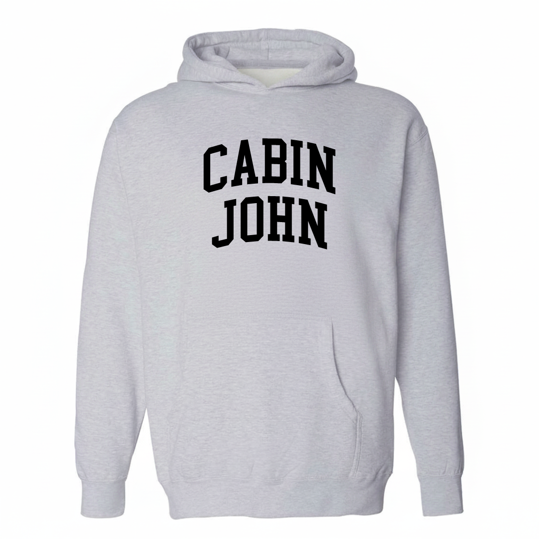 Heather-gray hoodie with the Cabin John arched varsity lettering design on the chest.