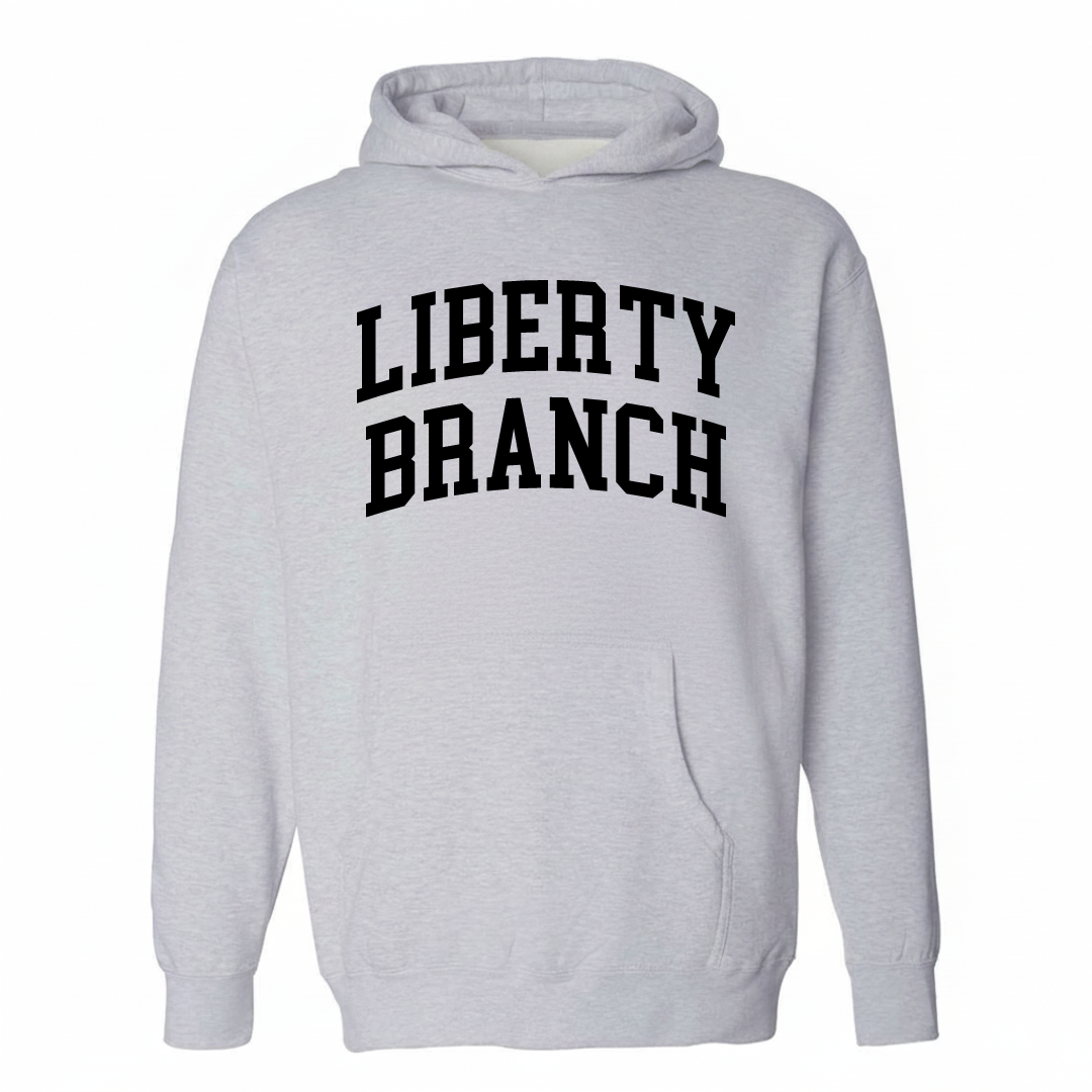 Heather-gray hoodie with the Liberty Branch varsity arched lettering design on the chest.