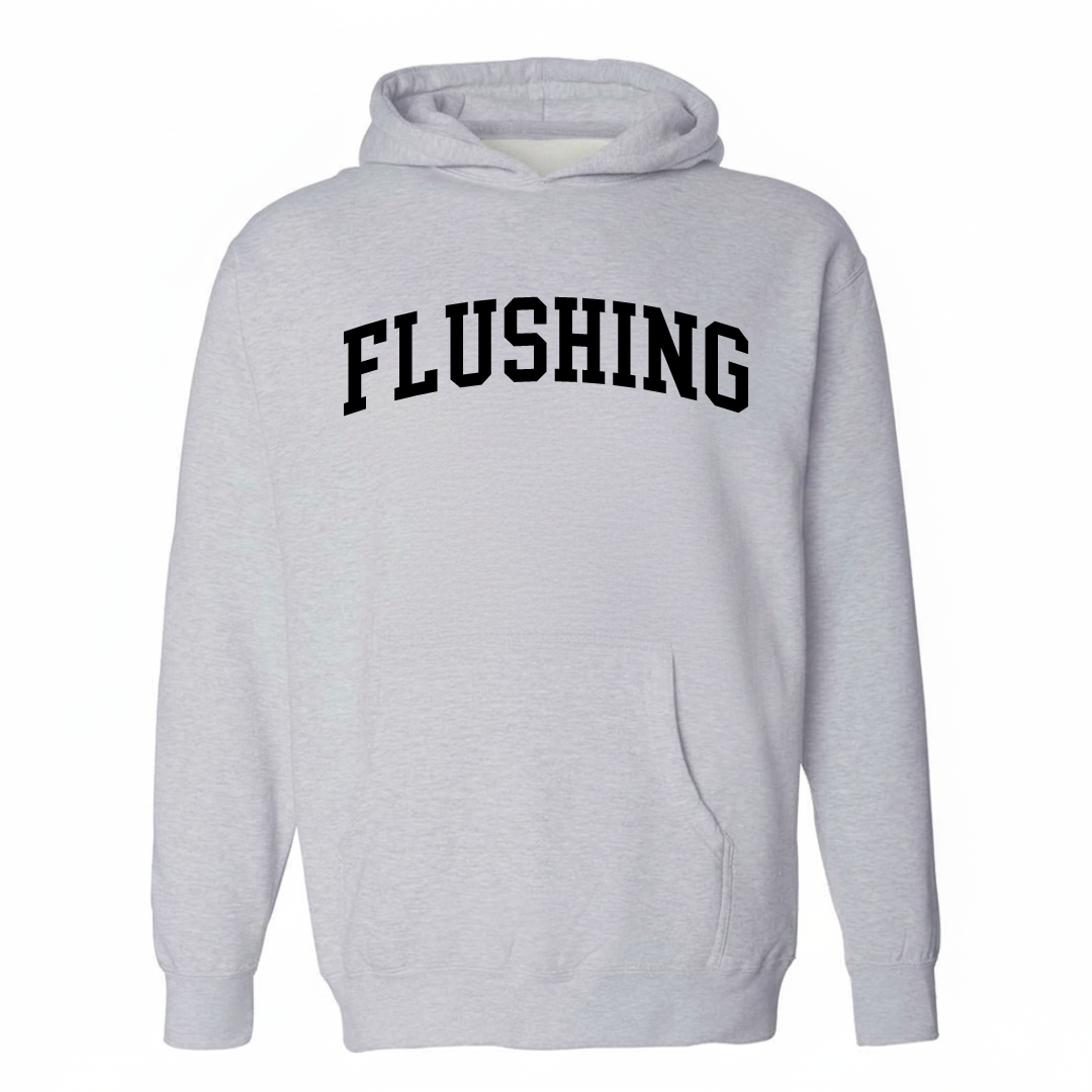 Heather-gray hoodie with the Flushing Queens varsity arched lettering design on the chest.