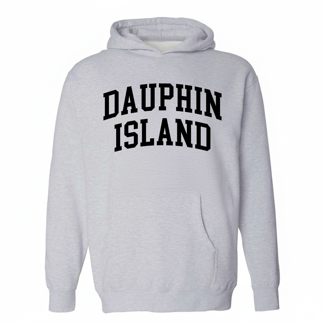 Heather-gray hoodie with the Dauphin Island varsity arched lettering design on the chest.