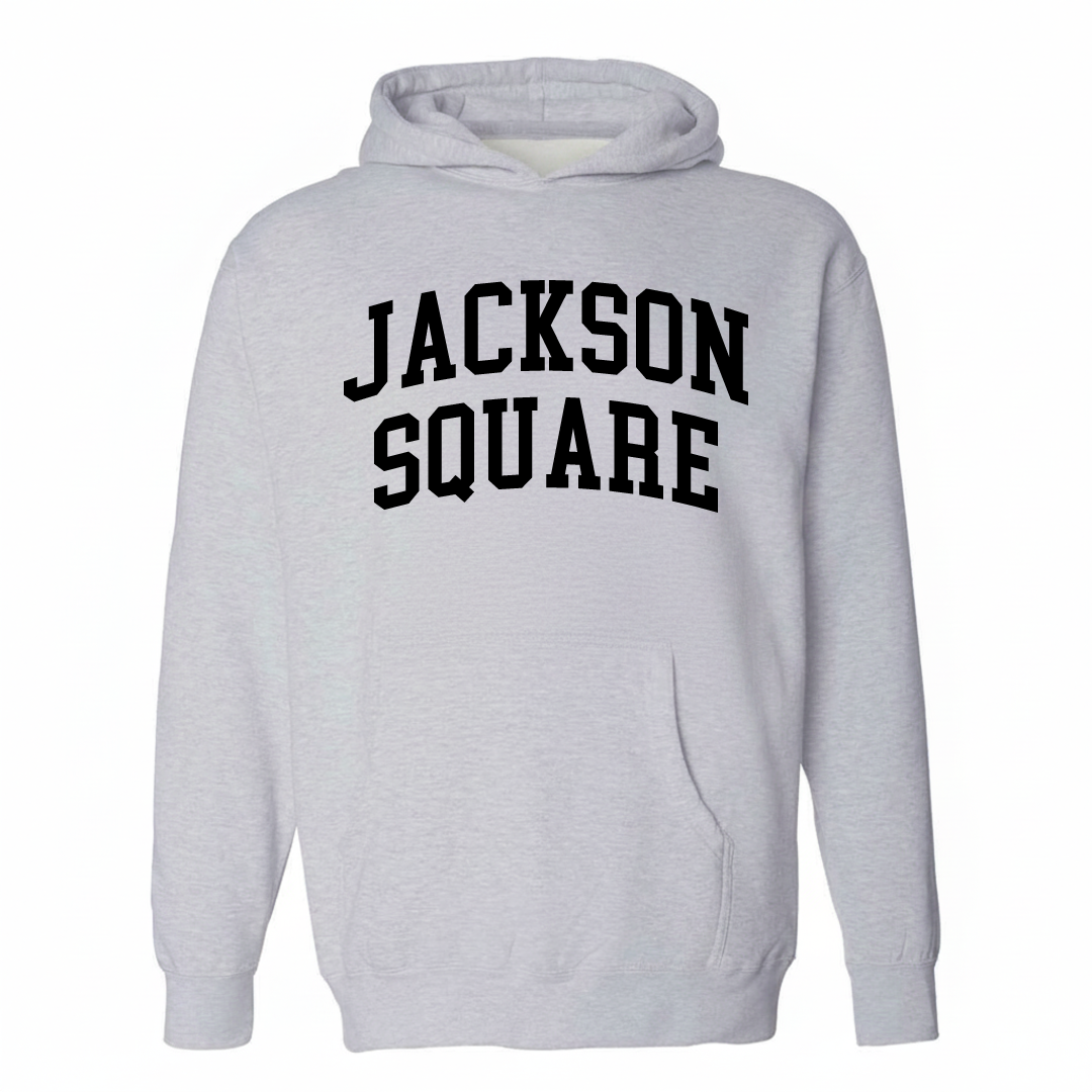 Heather-gray hoodie with the Jackson Square varsity arched lettering design on the chest.