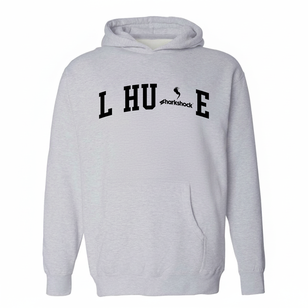 Heather-gray hoodie with the Līhuʻe varsity arched lettering design on the chest.