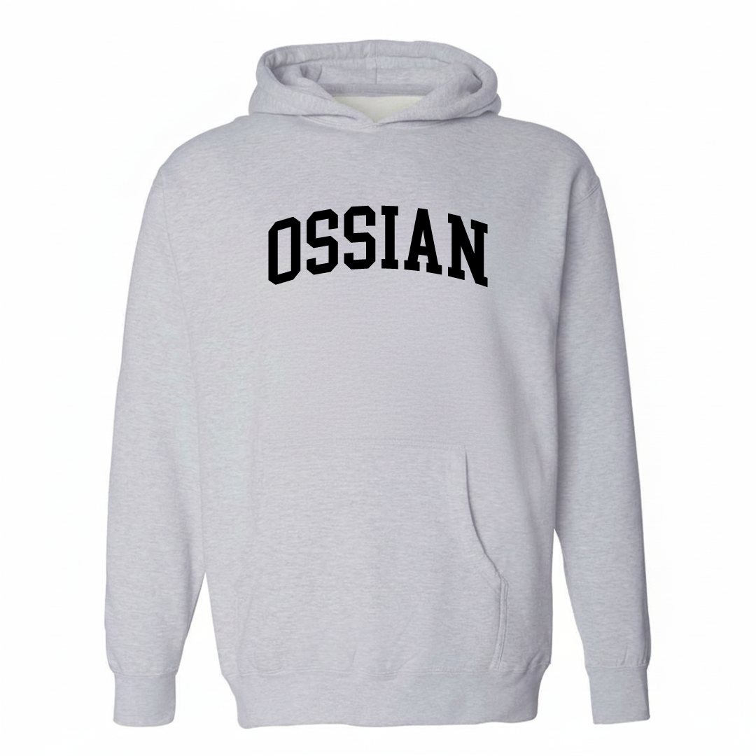 Heather-gray hoodie with the Ossian varsity arched lettering design on the chest.