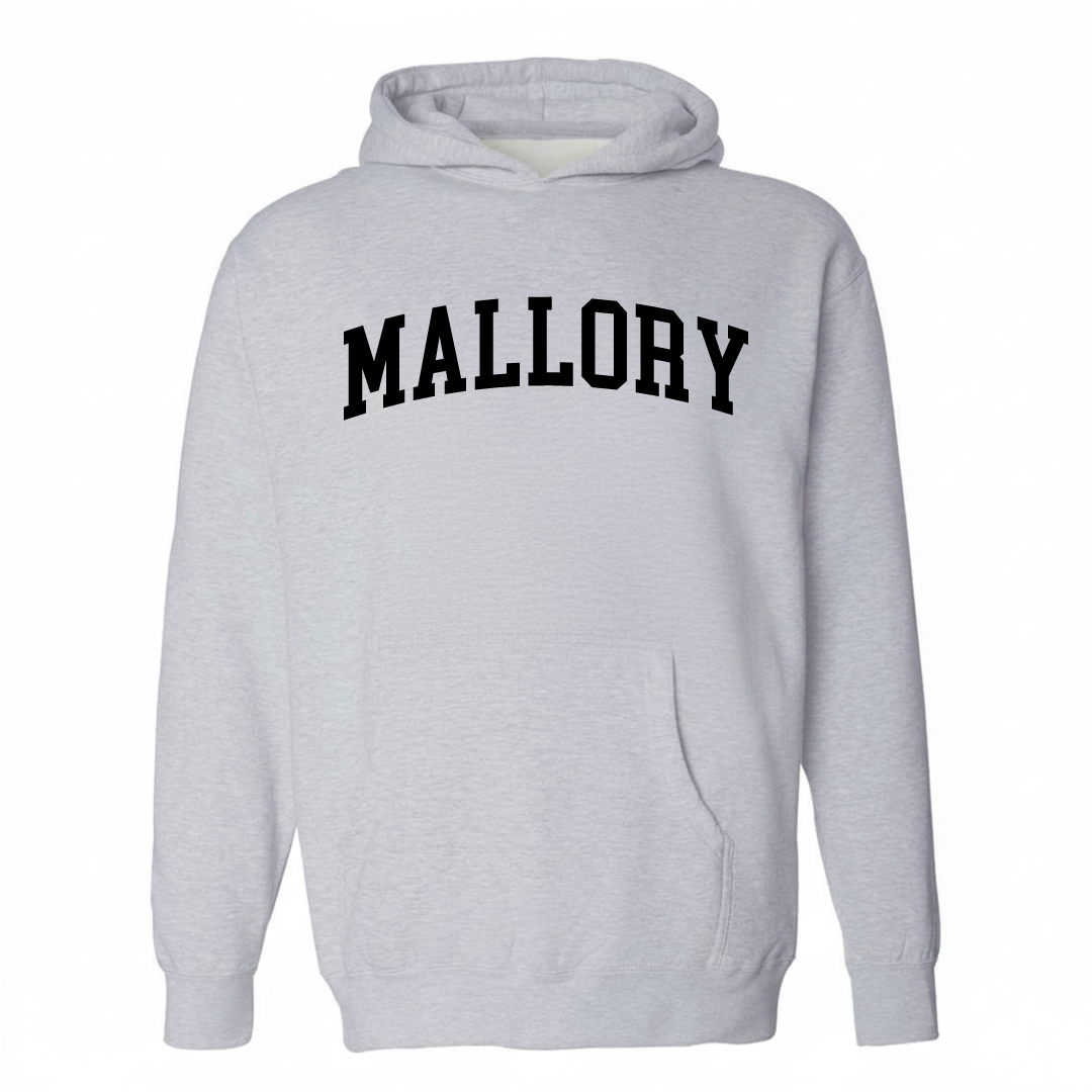 Heather-gray hoodie with the Mallory varsity arched lettering design on the chest.
