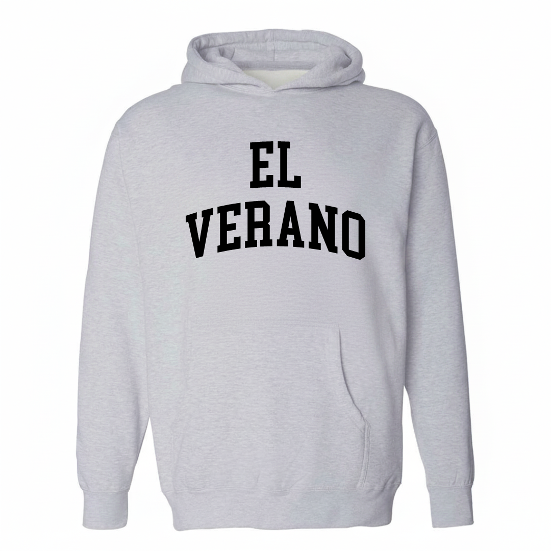Heather-gray hoodie with the El Verano varsity arched lettering design on the chest.