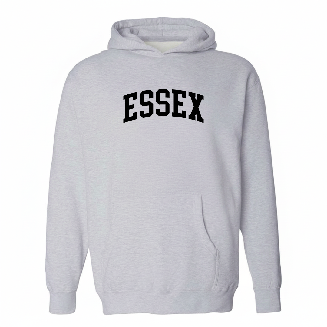 Heather-gray hoodie with the Essex Vermont arched lettering varsity-collegiate design on the chest.