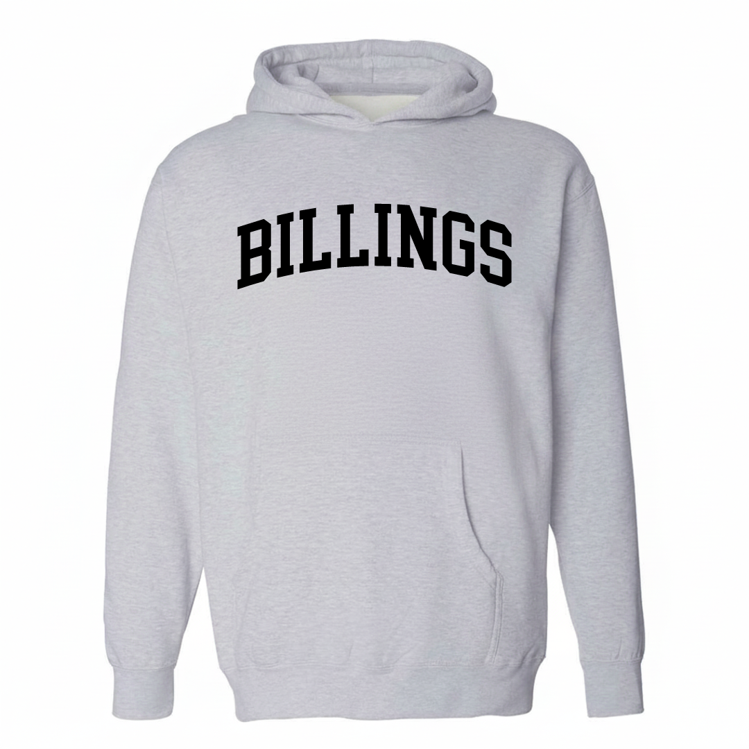 Heather-gray hoodie with the Billings varsity arched lettering design on the chest.