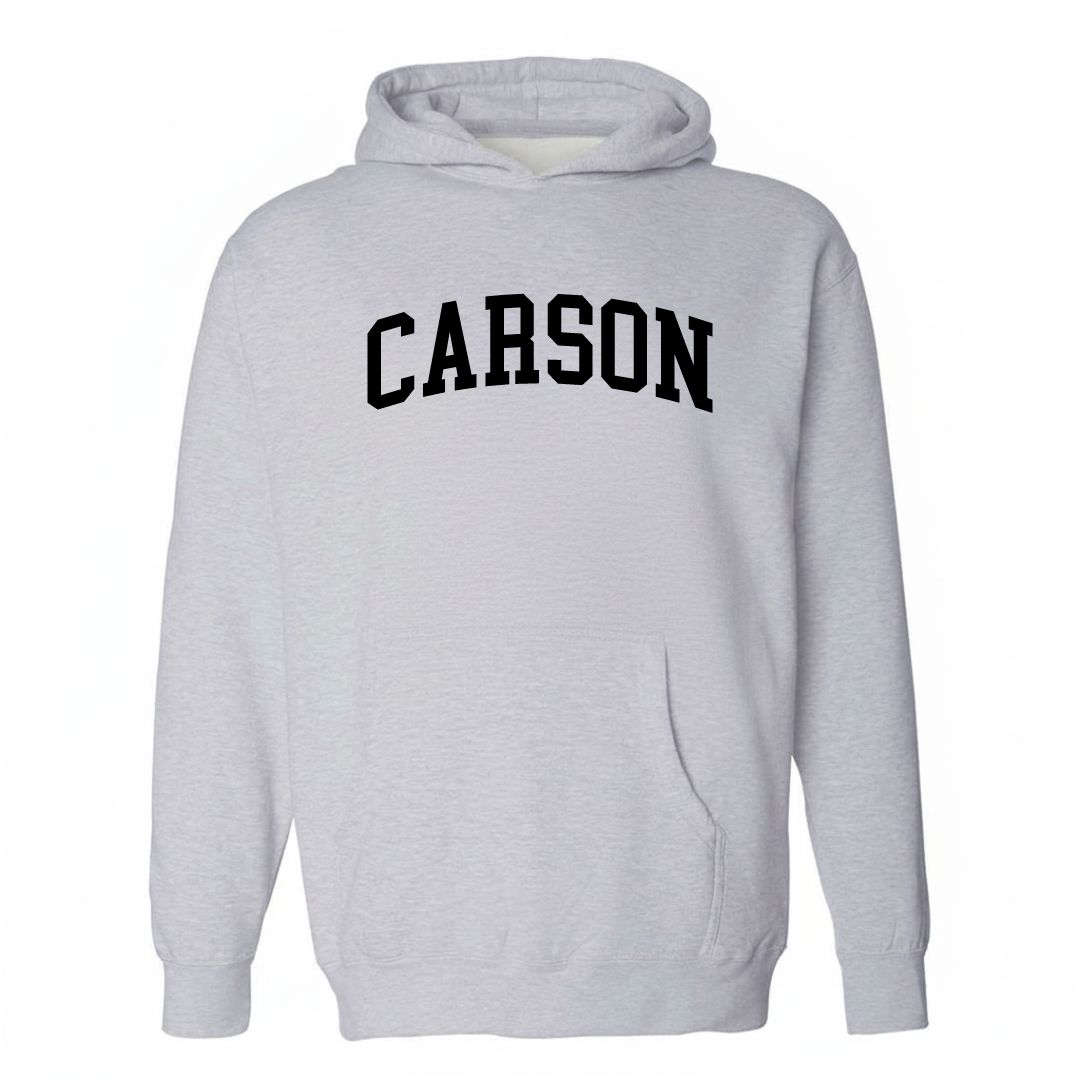 Heather-gray hoodie with the Carson varsity arched lettering design on the chest.