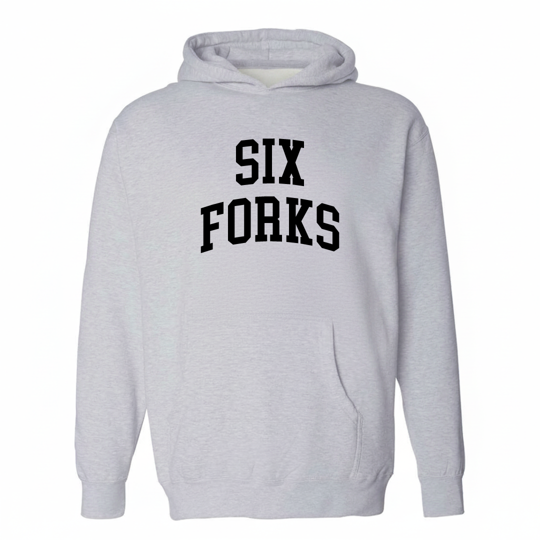 Heather-gray hoodie with the Six Forks arched lettering design on the chest.