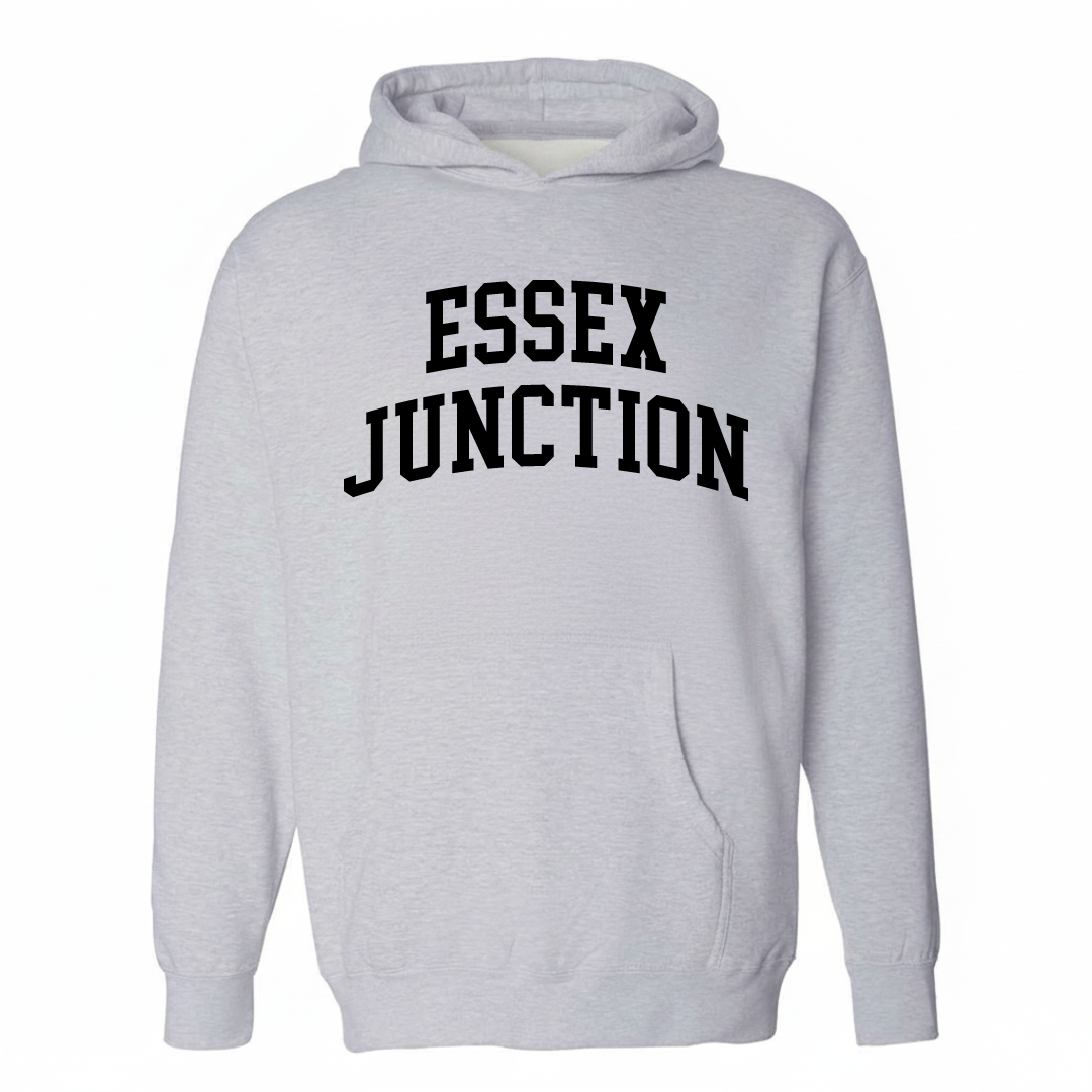 Heather-gray hoodie with the Essex Junction varsity arched lettering design on the chest.