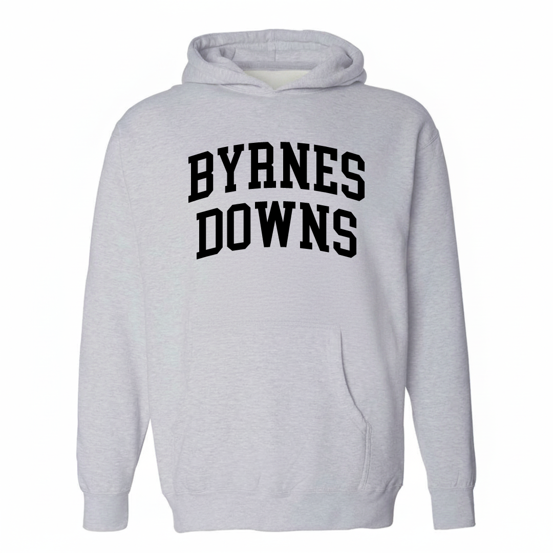 Heather-gray hoodie with the Byrnes Downs arched lettering design on the chest.