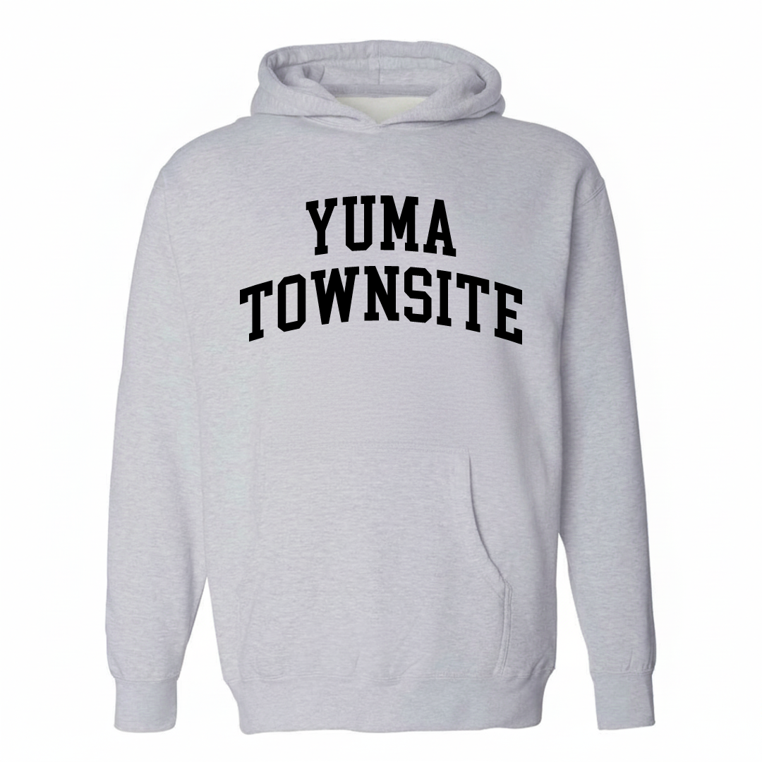 Heather-gray hoodie with the Yuma Townsite varsity arched lettering design on the chest.