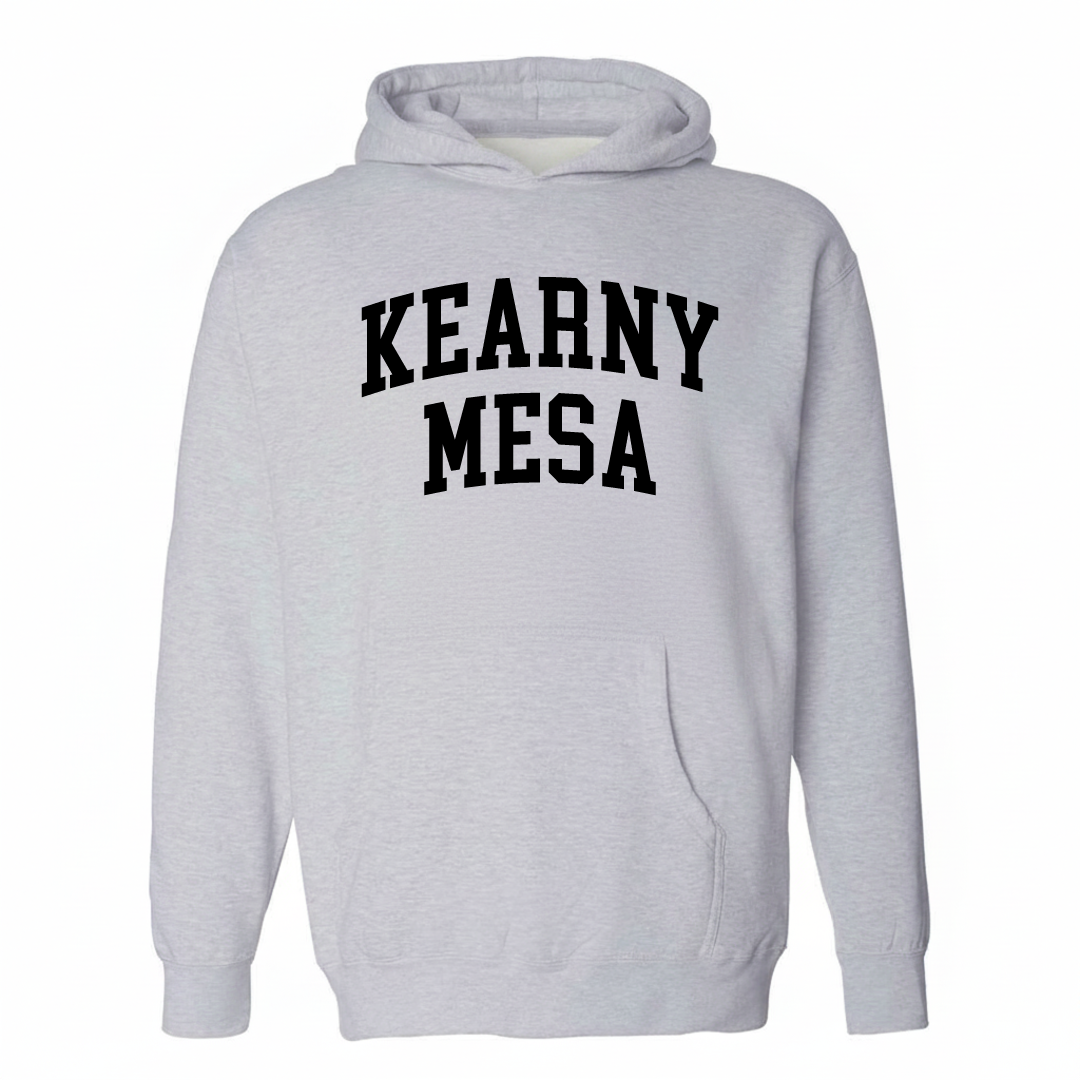 Heather-gray hoodie with the Kearny Mesa varsity arched lettering design on the chest.
