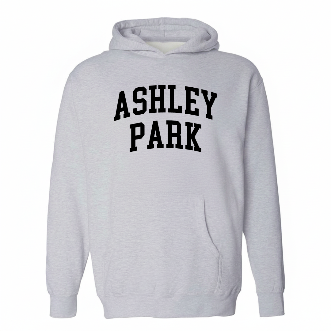 Heather-gray hoodie with the Ashley Park arched lettering varsity-collegiate design on the chest.