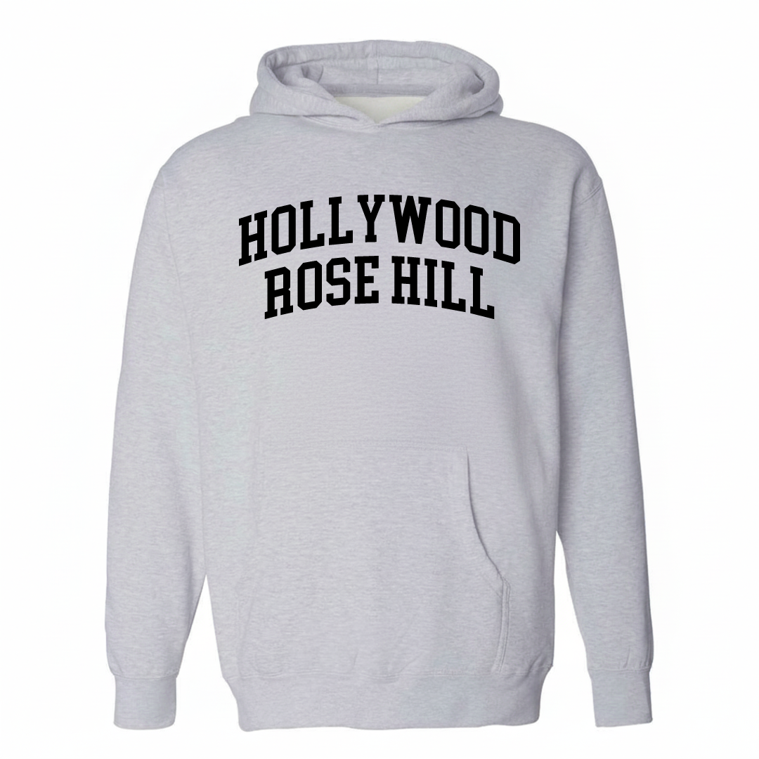 Heather-gray hoodie with the Hollywood-Rose Hill varsity arched lettering design on the chest.