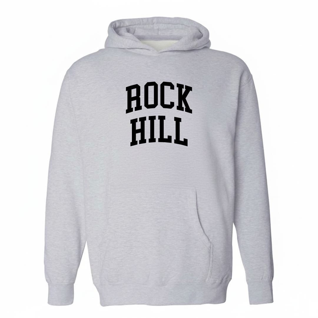 Heather-gray hoodie with the Rock Hill varsity arched lettering design on the chest.
