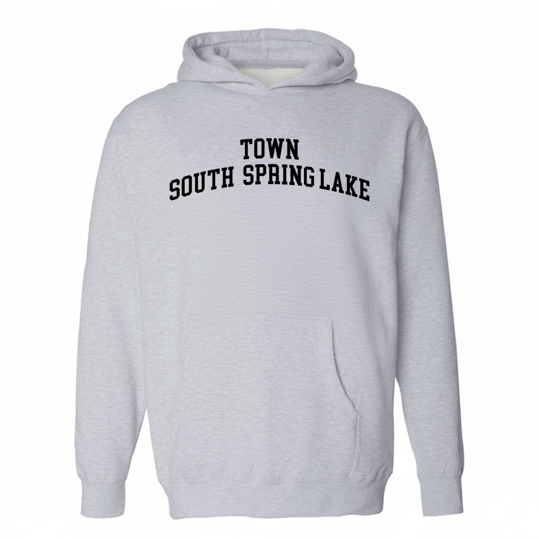 Heather-gray hoodie with the Town South, Spring Lake varsity arched lettering design on the chest.