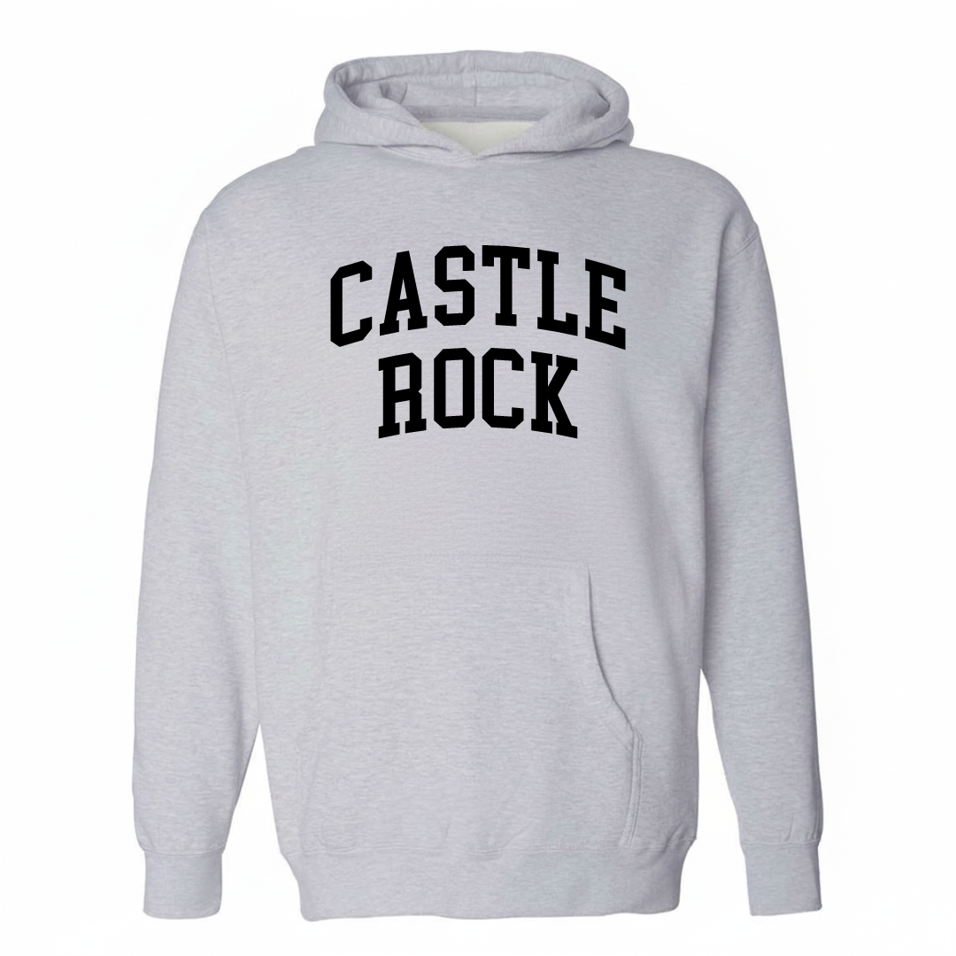 Heather-gray hoodie with the Castle Rock varsity arched lettering design on the chest.