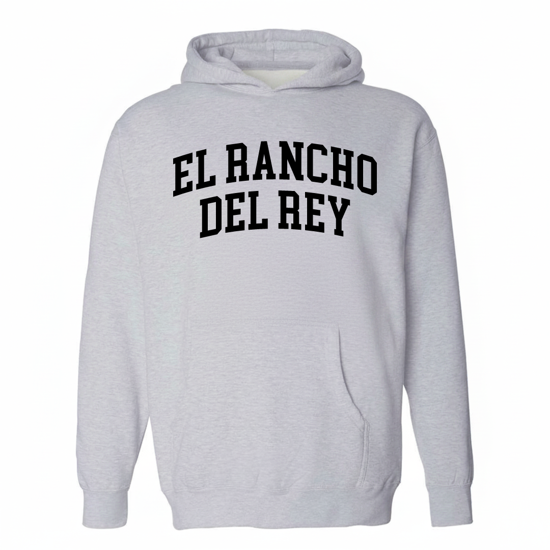Heather-gray hoodie with the El Rancho del Rey varsity arched lettering design on the chest.