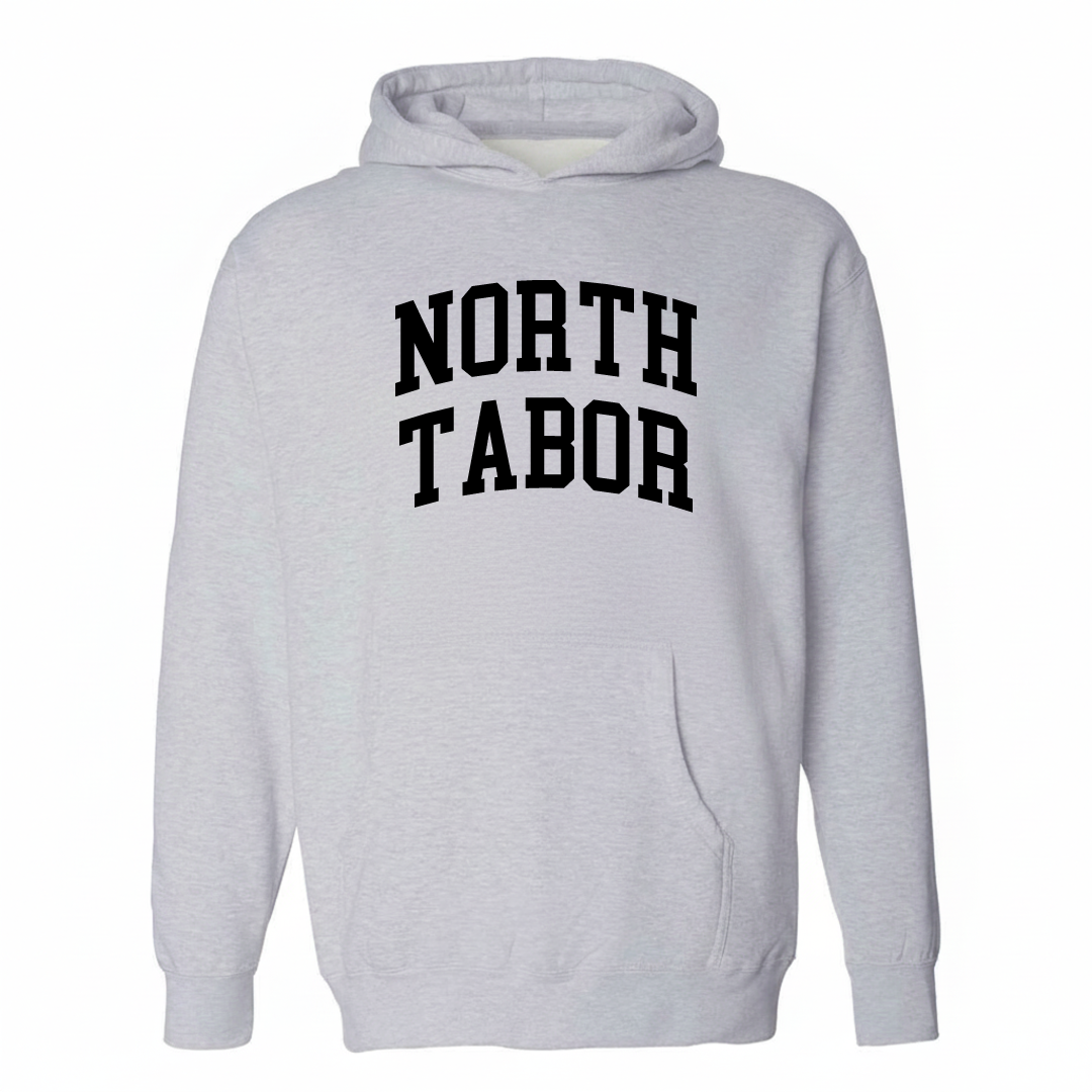 Heather-gray hoodie with the North Tabor varsity arched lettering design on the chest.