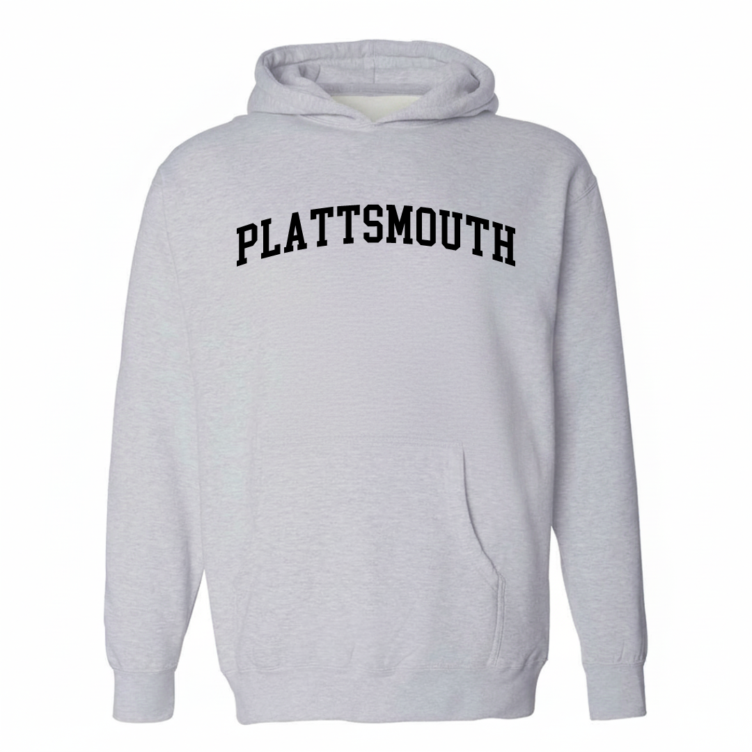 Heather-gray hoodie with the Plattsmouth varsity arched lettering design on the chest.
