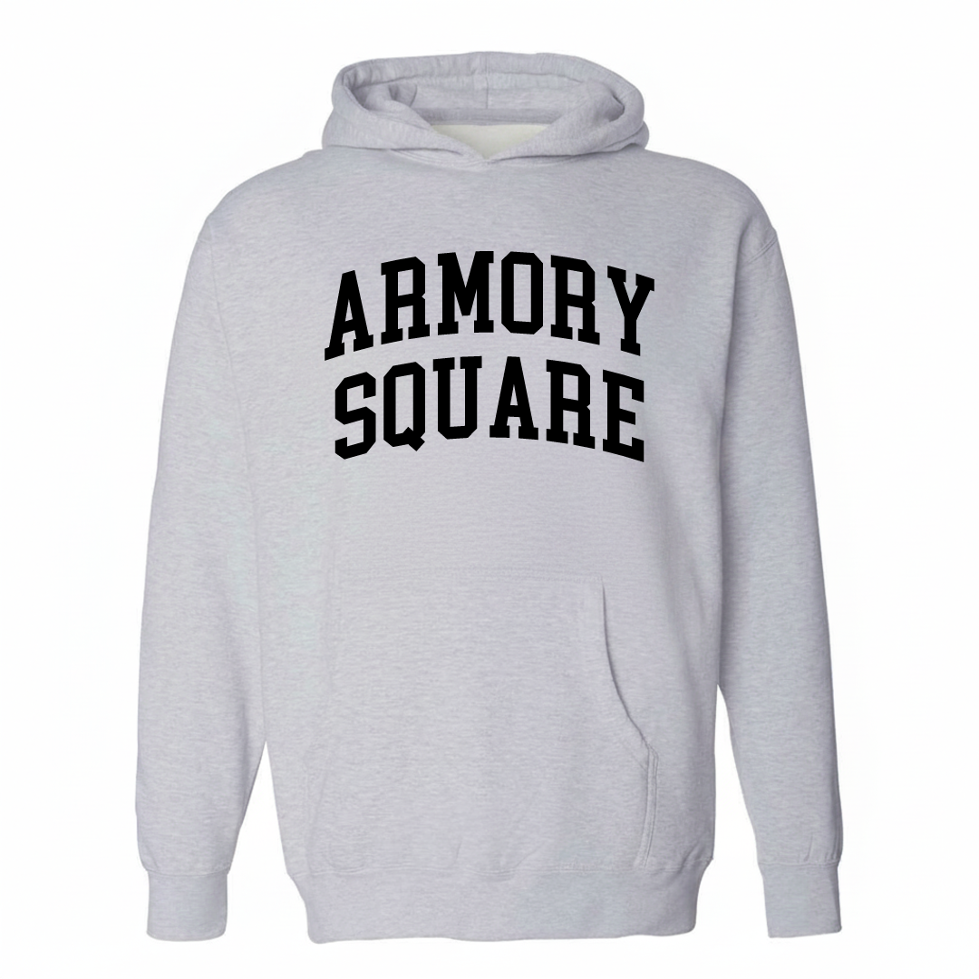 Heather-gray hoodie with the Armory Square varsity arched lettering design on the chest.