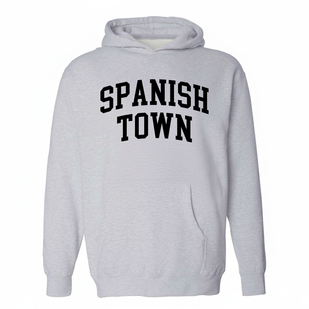 Heather-gray hoodie with the Spanish Town varsity arched lettering design on the chest.