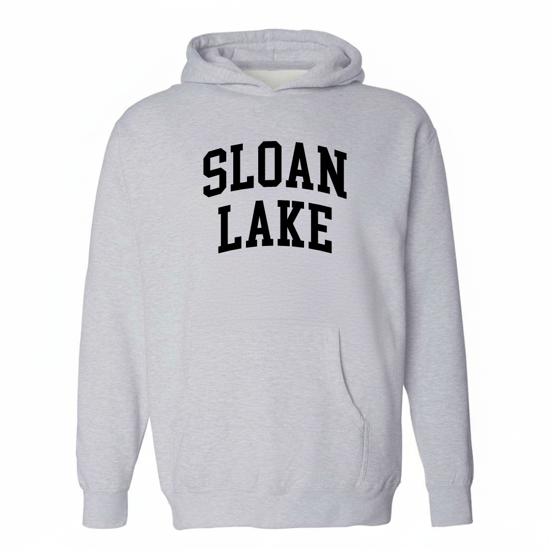 Heather-gray hoodie with the Sloan Lake arched lettering design on the chest.