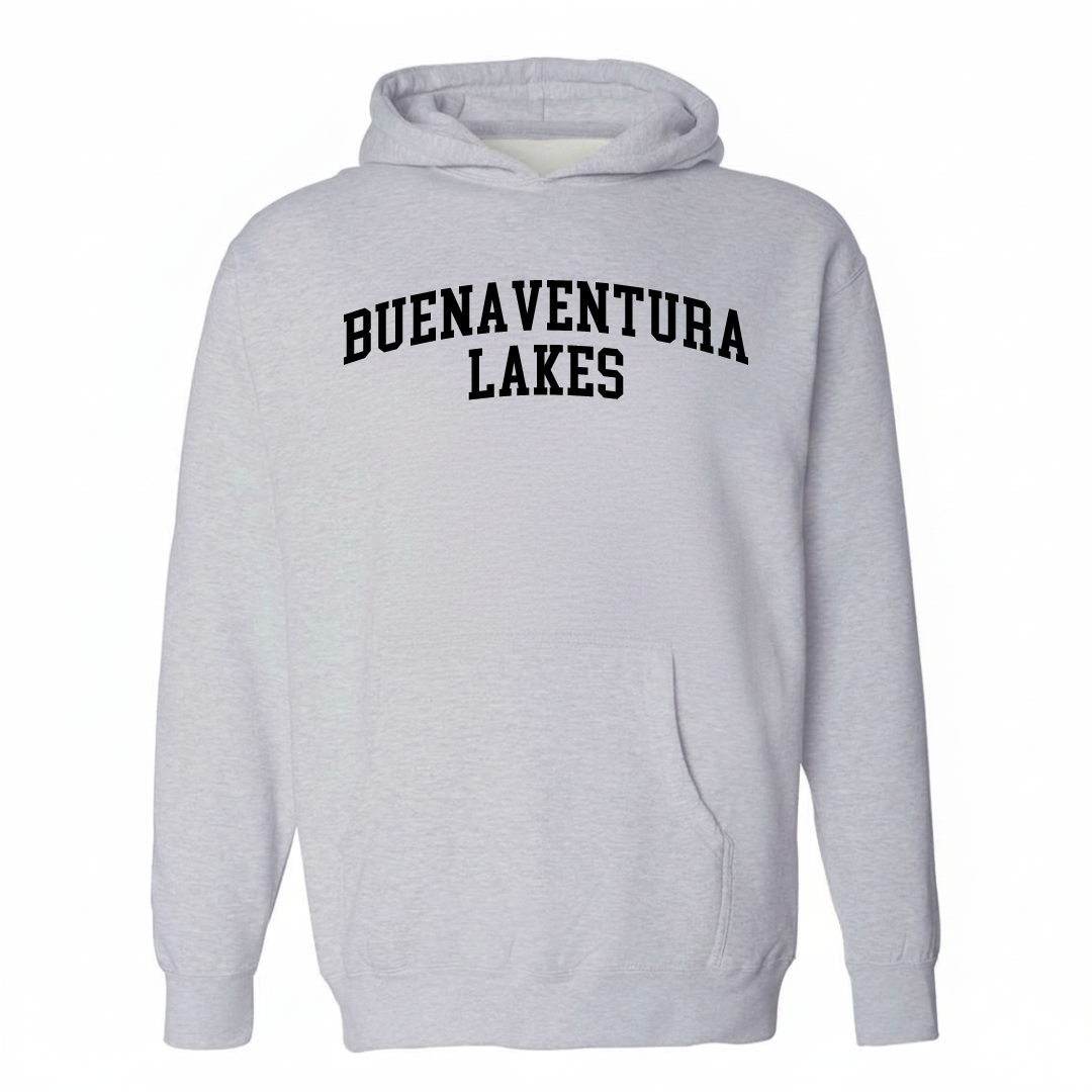 Heather-gray hoodie with the Buenaventura Lakes arched lettering design on the chest.