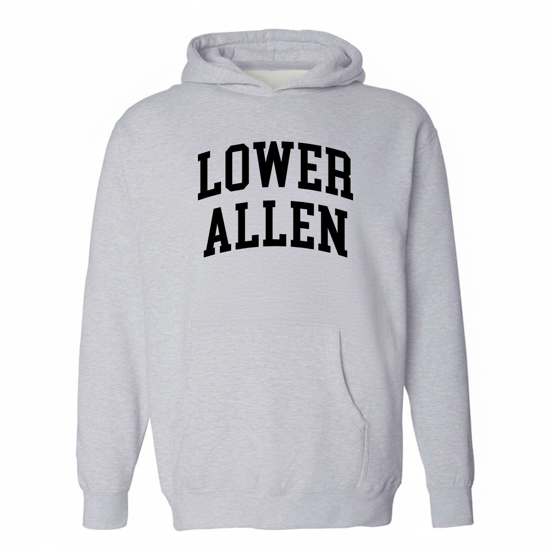 Heather-gray hoodie with the Lower Allen varsity arched lettering design on the chest.