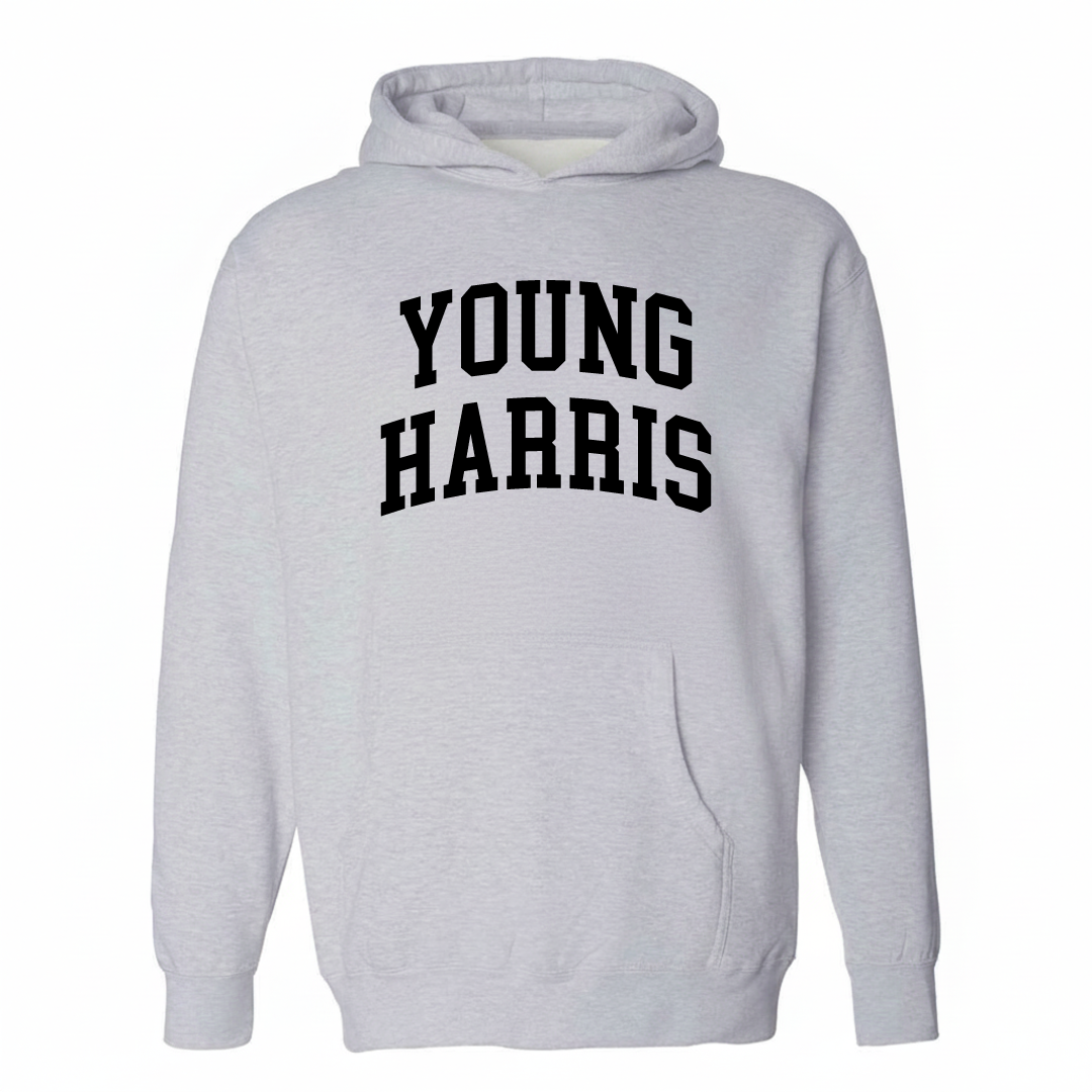 Heather-gray hoodie with the Young Harris varsity arched lettering design on the chest.
