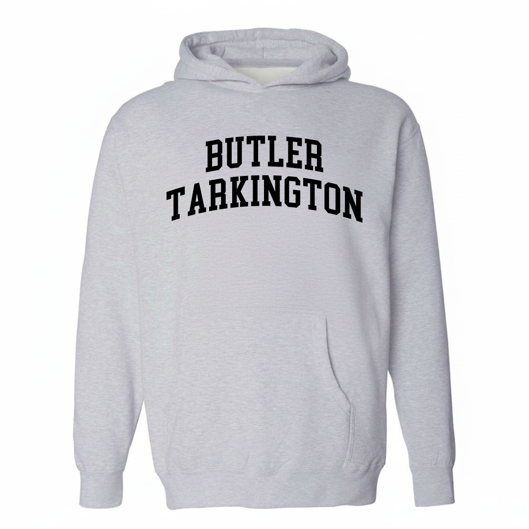 Heather-gray hoodie with the Butler-Tarkington varsity arched lettering design on the chest.