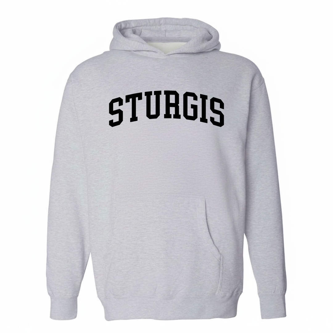 Heather-gray hoodie with the Sturgis arched varsity lettering design on the chest.