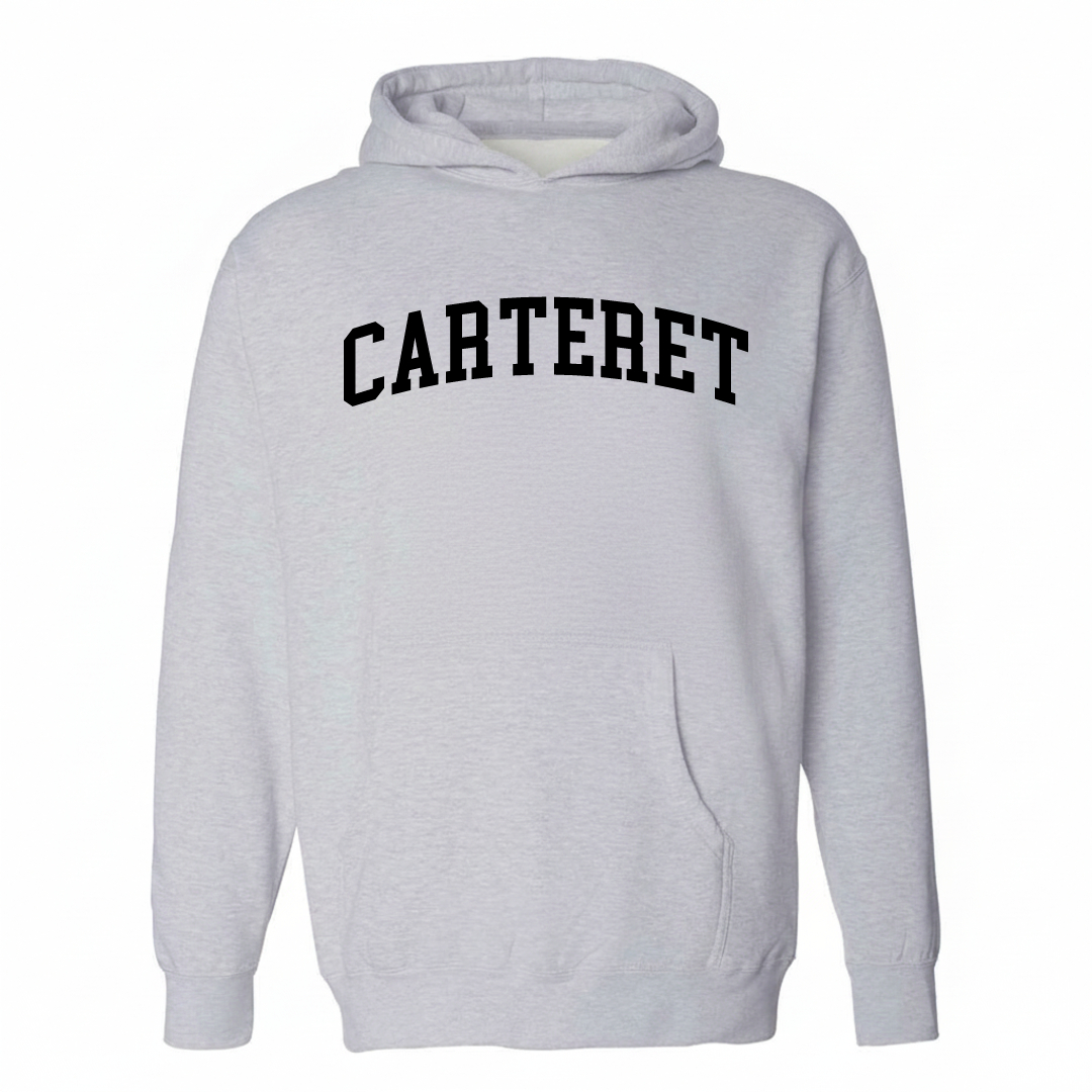 Heather-gray hoodie with the Carteret arched varsity lettering design on the chest.