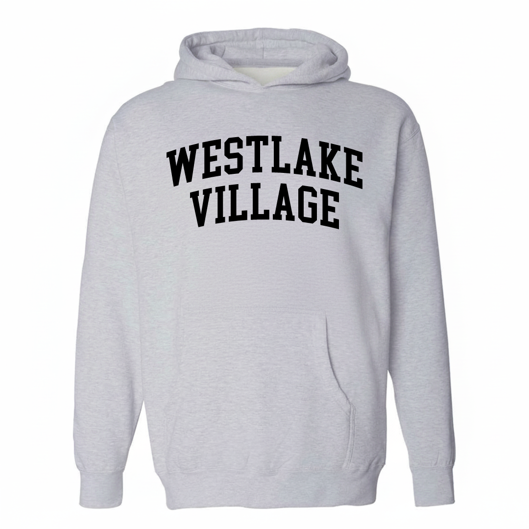 Heather-gray hoodie with the Westlake Village varsity arched lettering design on the chest.