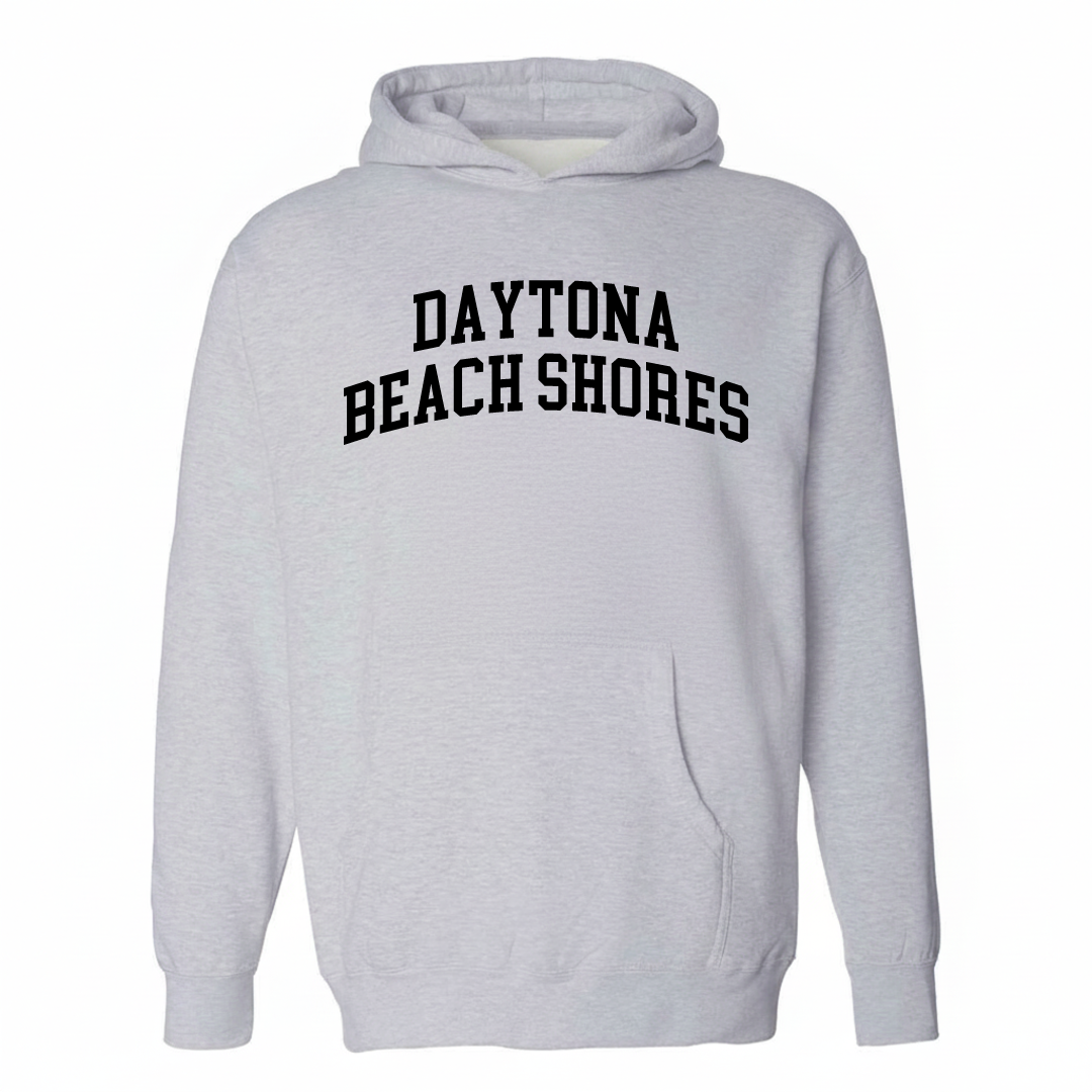 Heather-gray hoodie with the Daytona Beach Shores arched lettering design on the chest.